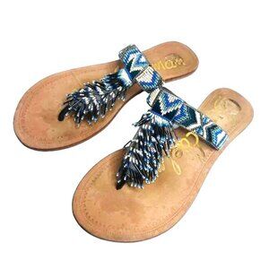 Sam Edelman Blue Anella Beaded Sandals Flats Fringe Size 8.5
